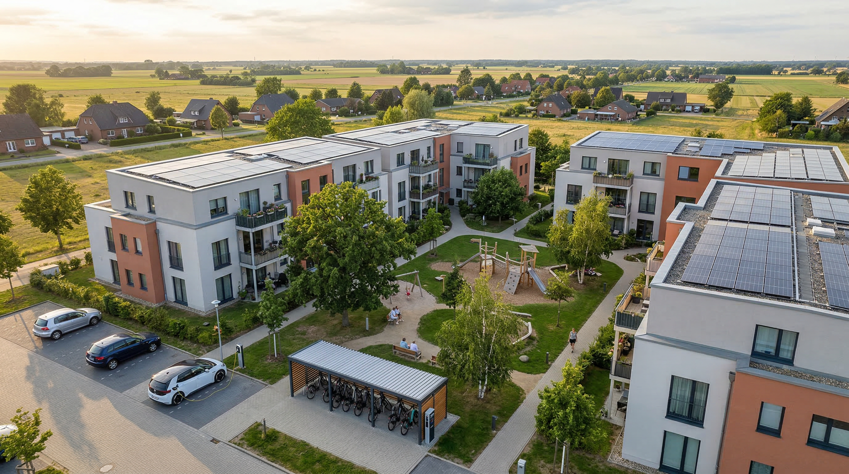 Luftaufnahme eines Wohnquartiers mit Solaranlagen auf allen Dächern – Neshtec Mieterversorgung